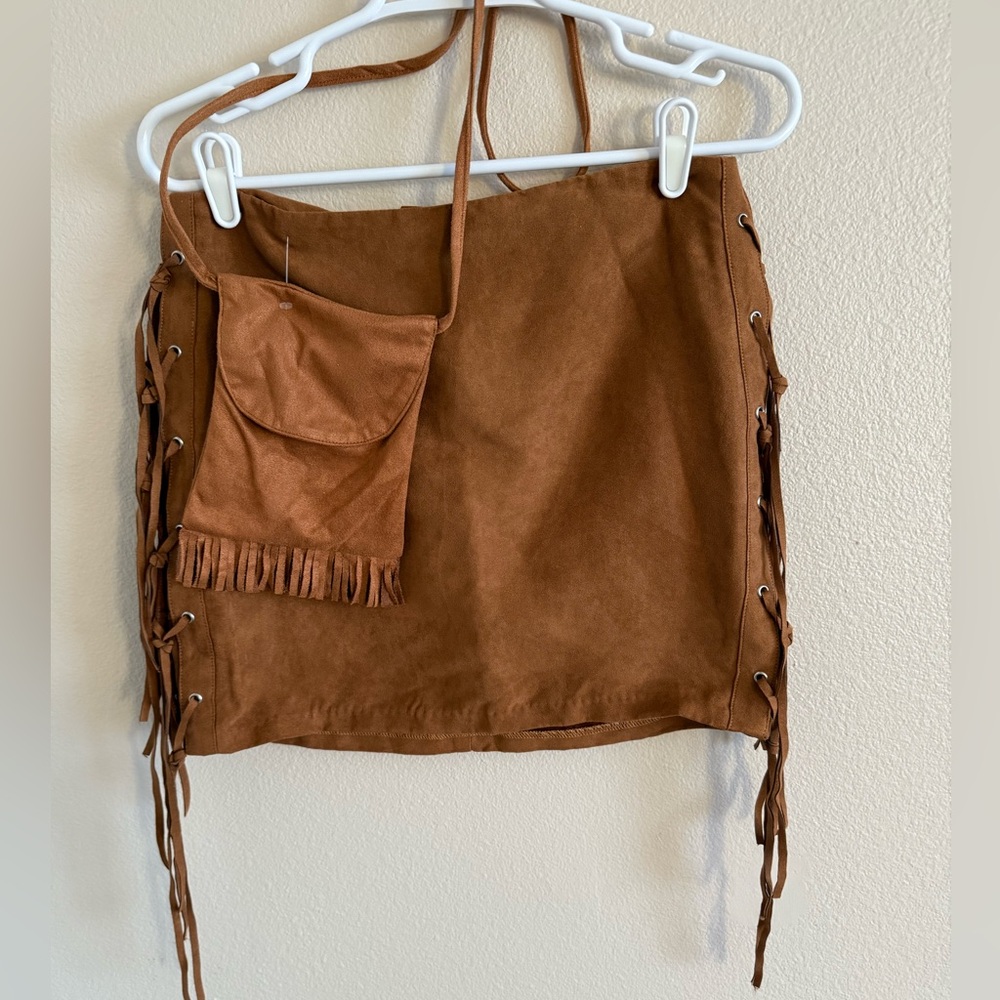 NWOT Timing Brown‎ Faux Suede Skirt w/ Fringe Details & Matching Crossbody Purse
